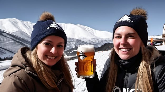 Aparecen dos chicas vestidas con ropa de Apres-Ski tomando una cerveza con la montaña nevada de fondo.