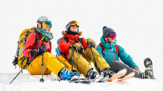 Aparecen tres personas sentadas y descansando sobre la nieve. Se aprecia perfectamente su equipamiento de esquí.